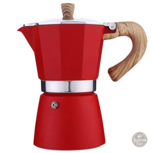 Petite cafetière italienne rouge 2 tasses à poignée bois