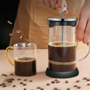 Cafetière en verre, piston inox, préparation café facile