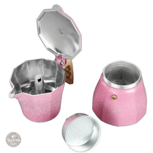 Cafetière au design élégant, couleur rose, ergonomique