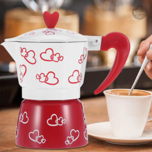 Cafetière italienne décorée de cœurs rouges et blancs