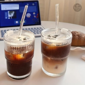 Tasses à café transparentes avec paille, lot de 2