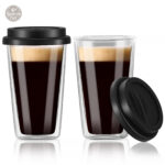 Mug double paroi en verre avec couvercle, lot de 2
