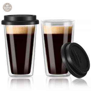 Mug double paroi en verre avec couvercle, lot de 2