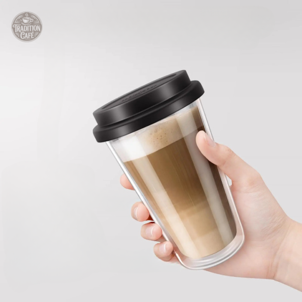 Mugs en verre double paroi, design avec couvercle, lot pratique