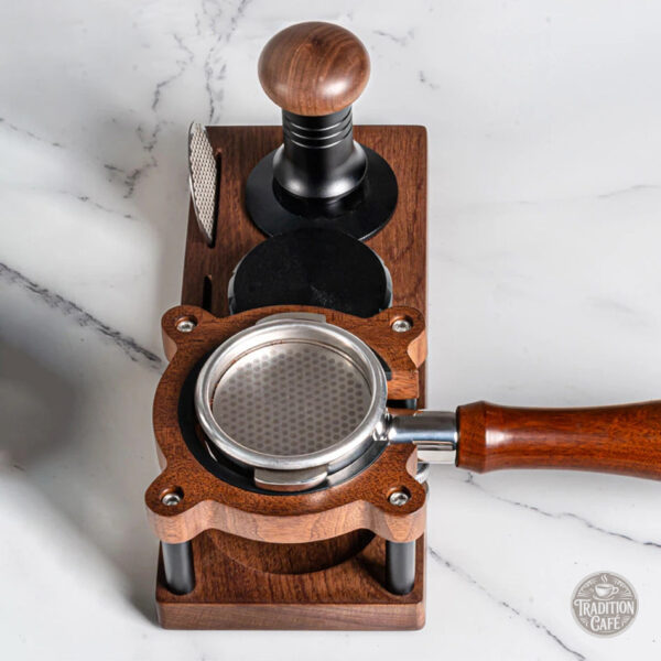Support de café au design industriel en bois naturel